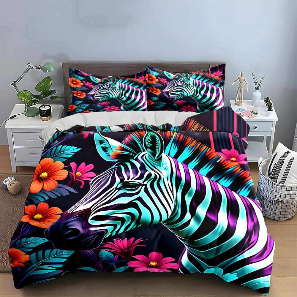Colorful Zebra Floral Decor Soft Comfortable Duvet Cover Bedding Set Included 1*Duvet Cover & 2*Pillowcases, Gift