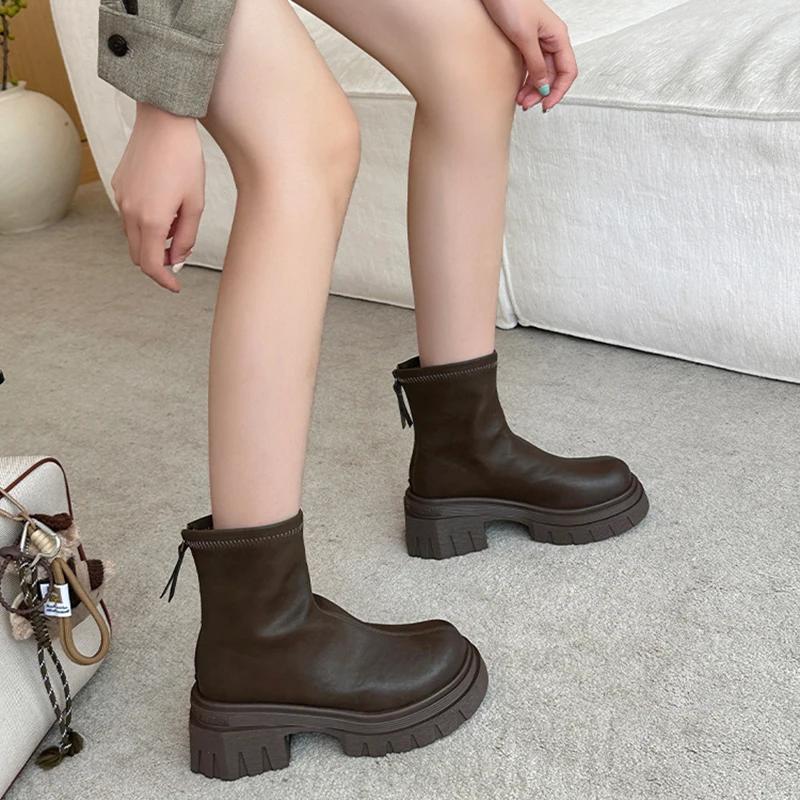 Street Style Women Stretch Modern Boots Fashion Platform Short Booties Ladies Elegant Thick Heel Shoes