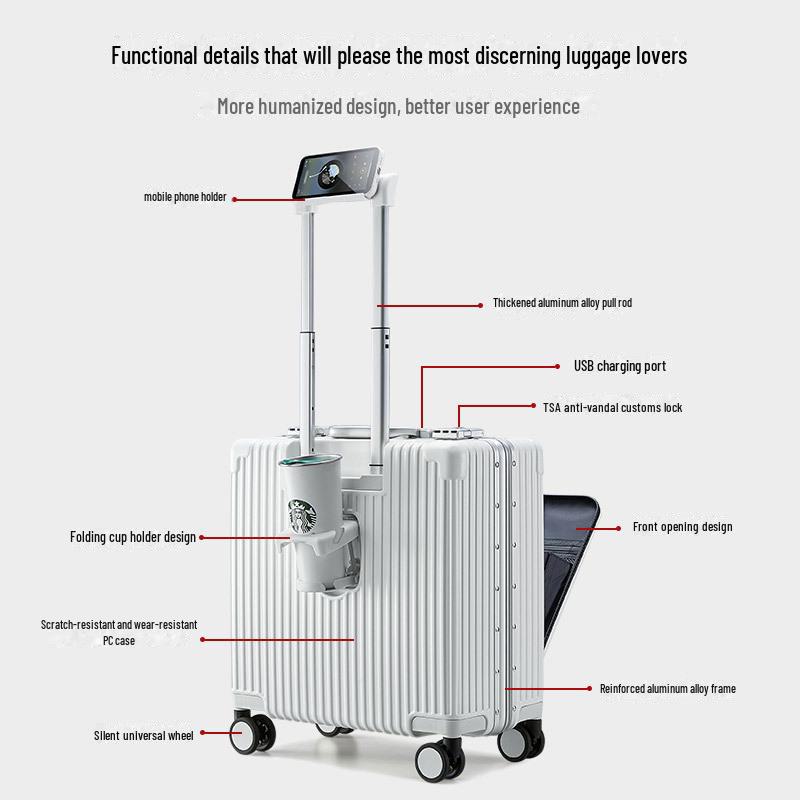 18-Inch Multifunctional Front-Opening Aluminum Frame Suitcase with Charging Capability for Women