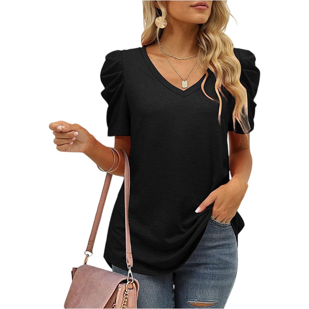 Women's Casual Ruffled Patchwork V-Neck Short Sleeve T-Shirt Top