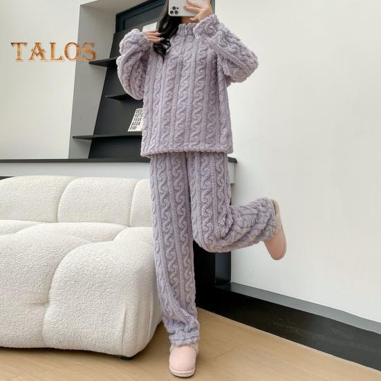 Set de 2 bucăți de pijamale de iarnă unisex Guler de culoare solidă Închidere cu fermoar Pânză de corali îngroșată Îmbrăcăminte de acasă haină de pantaloni Set de îmbrăcăminte largi de găzduire Lenjerie de noapte