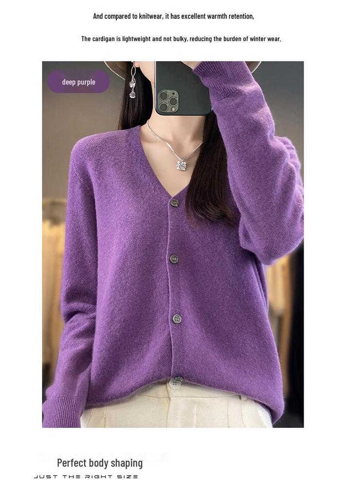 Women's Wool Knit Collar Cardigan: Slim-Fit, Long Sleeve, Loose Outerwear for Autumn and Winter.