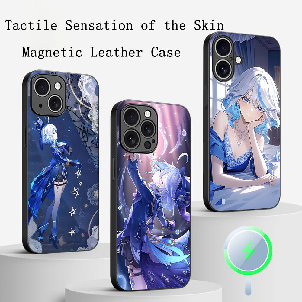 Genshin Furina game girl pattern Phone Case For iPhone 16 15 14 13 12 11 Plus Pro Max High-end Luxury Magsafe Sheepskin