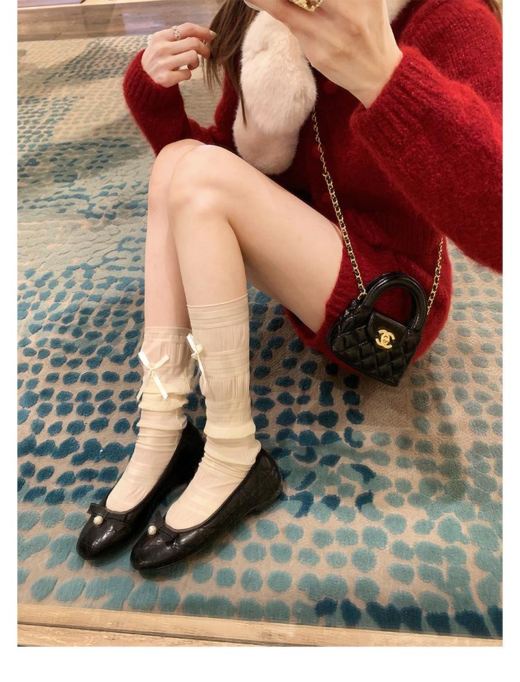 

All cowhide~ beautiful pearl bow genuine leather Mary Jane single shoes women s super soft-soled evening shoes ballet flats 40