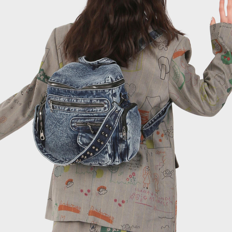 Vintage Denim Backpack Rivet Shoulder Bag Student Schoolbag Class Commuter Backpack
