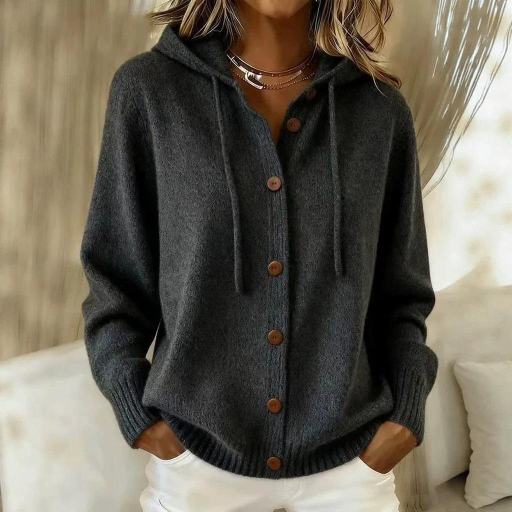 Women's Fashion Color Long Sleeve Button Front Hooded Knit Cardigan Casual Coat