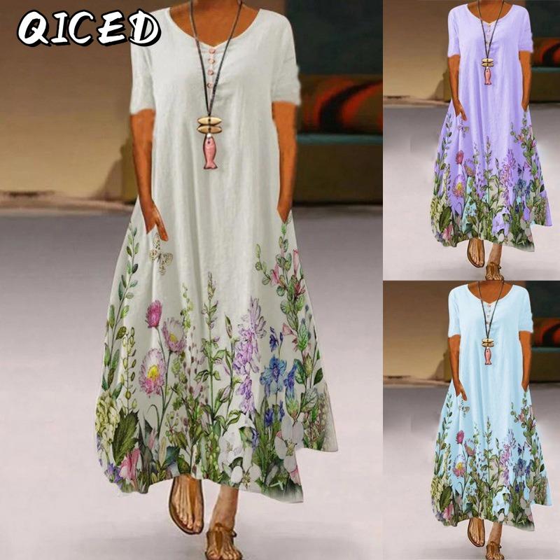 QICED Fashion Summer Spring Short Sleeve O-Neck Casual Dresses