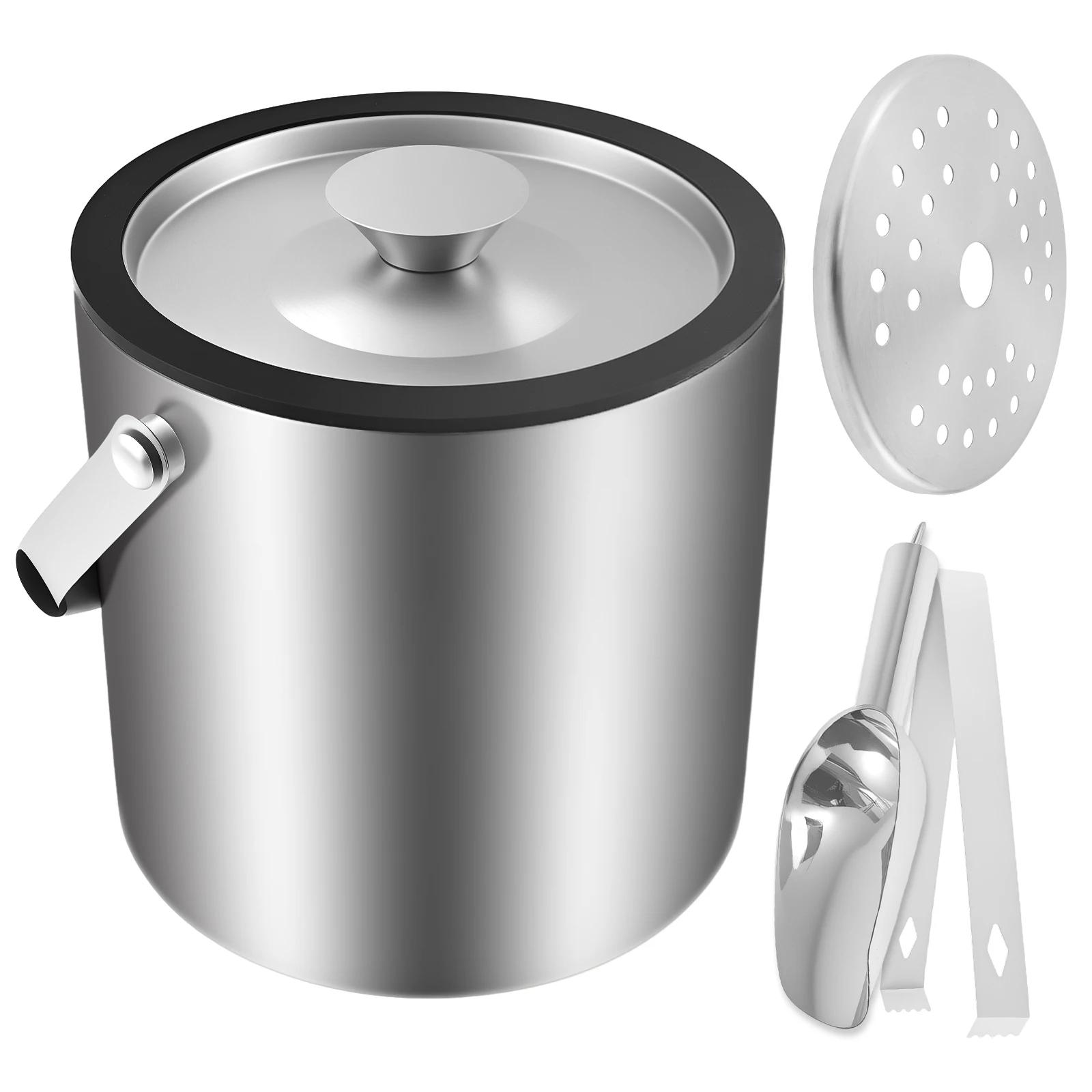 

3L Double Tier Ice Bucket with Lid for Party Stainless Steel Insulated Ice Container with Scoop Tong Strainer for Bar Picnic серебряный