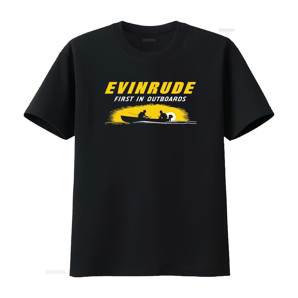 Evinrude Outboard First In Outboards Unisexs Black T Shirt Fishing Boat Sunset Design Size S 3XL Vintage Slightly Homme