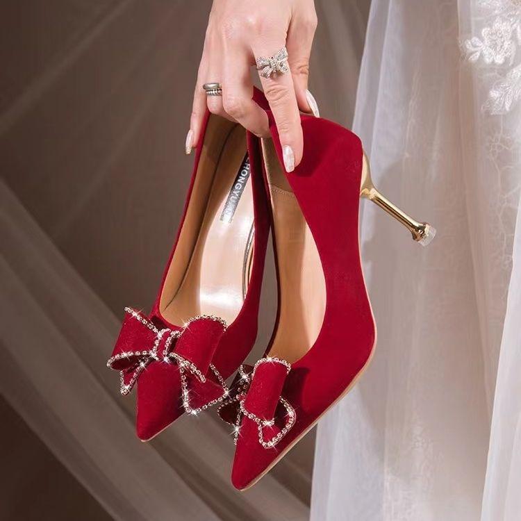 2025 Red Bridal High Heels: Autumn/Winter Women's Wedding Shoes, Chinese Style, Comfortable Xiu He Dress Shoes