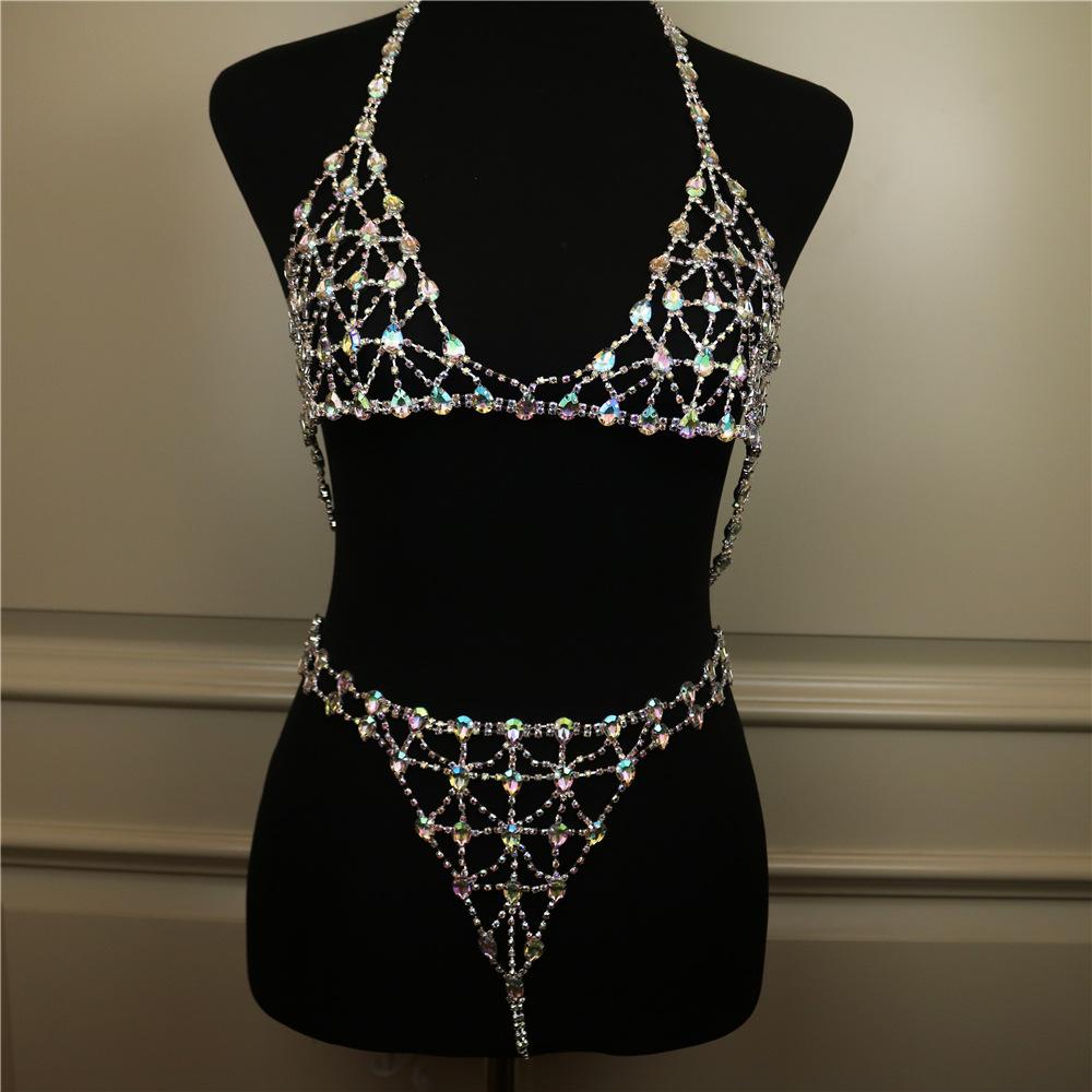 European And American Exaggerated Rhinestone Women'S Sexy Bra Thong Chain Ab Colored Diamond Body Chain Set Body Chain
