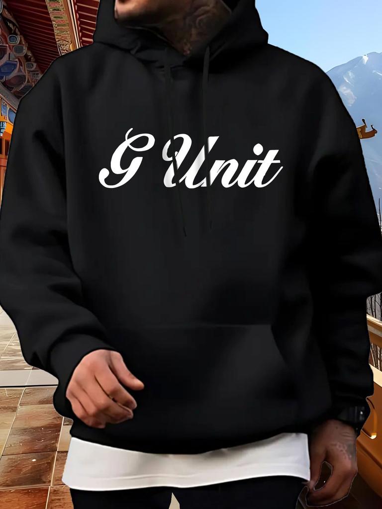 Gothic Letter Print Hooded Sweatshirt | Thickened All-Season Pullover with Striking "GUNIT" Chest Print, Dark Gray/Black Casual Ho
