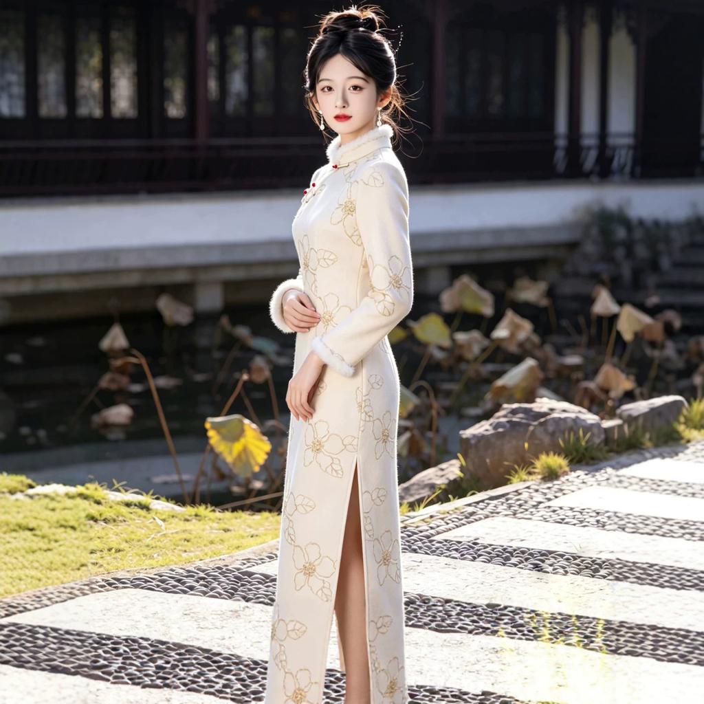 New Chinese Cheongsam 1011 New Improved Young Girl Fleece Thickened Daily Dress Long Sleeves Autumn and Winter