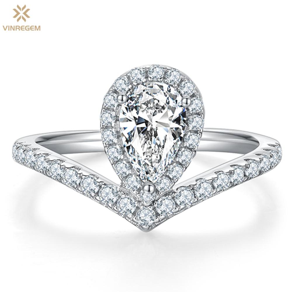 

Vinregem Romantic 100% стерлинговое серебро 925 пробы VVS1 1CT груша D настоящий муассанит с бриллиантом обручальное ювелирное украшение V-образное кольцо подарок на годовщину US 4.5-1CT белый