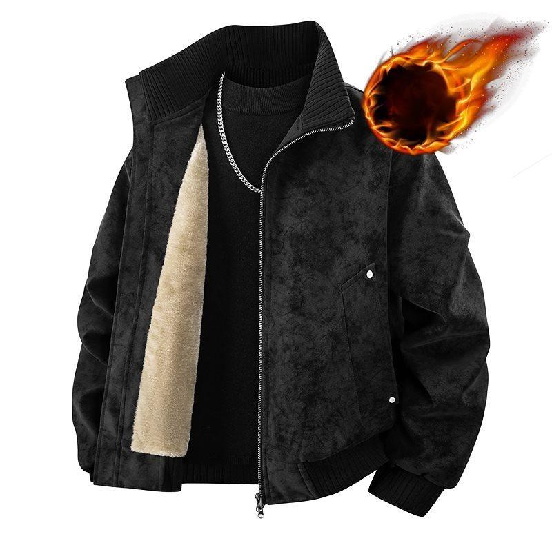 Men s Velvet Jacket Autumn Winter Thick Warm Cotton Coat PU Leather Stand Collar Vintage Style Casual Fleece Coat S чёрный