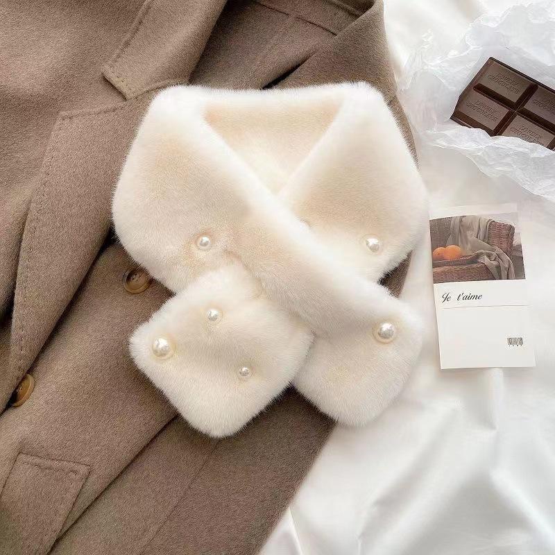 Women's Korean Style Imitation Rex Rabbit Fur Scarf - Versatile Autumn & Winter Thick Warm Pearl Cross Neck Warmer.