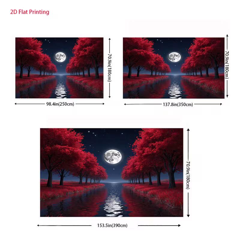 2D Full Moon Red Tree Backdrop 2D Night River Water Reflection Photo Background for Themed Shoot