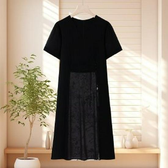 Elegant Summer Midi Dress for Mother s Day - Stylish Short Sleeve for Middle-Aged and Elderly Women 3XL чёрный