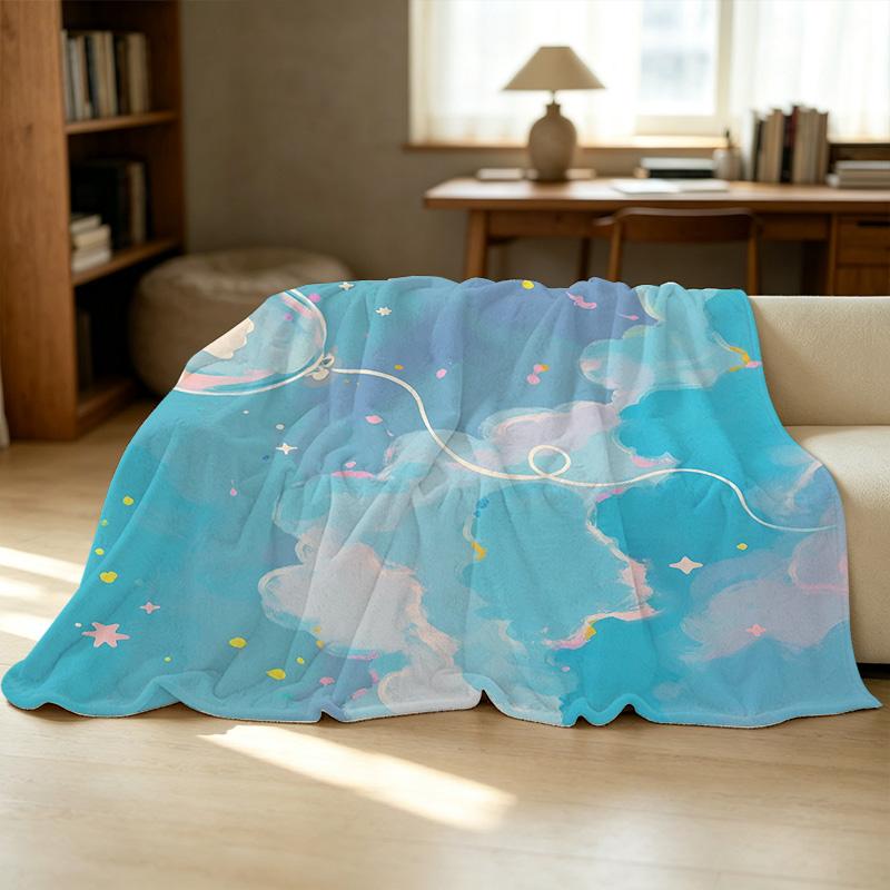 Hemmed Flannel Blanket Cartoon Ghost Series, Soft Flannel with Starry Sky Clouds, Cozy for Home & Couch Napping, Ideal Christmas & Halloween Decor