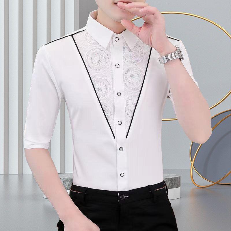 Summer Black Mid-sleeve Shirt for Men Slim Fit Casual 3/4 Sleeve Shirt High-end Hairstylist Trendy Style Fashion