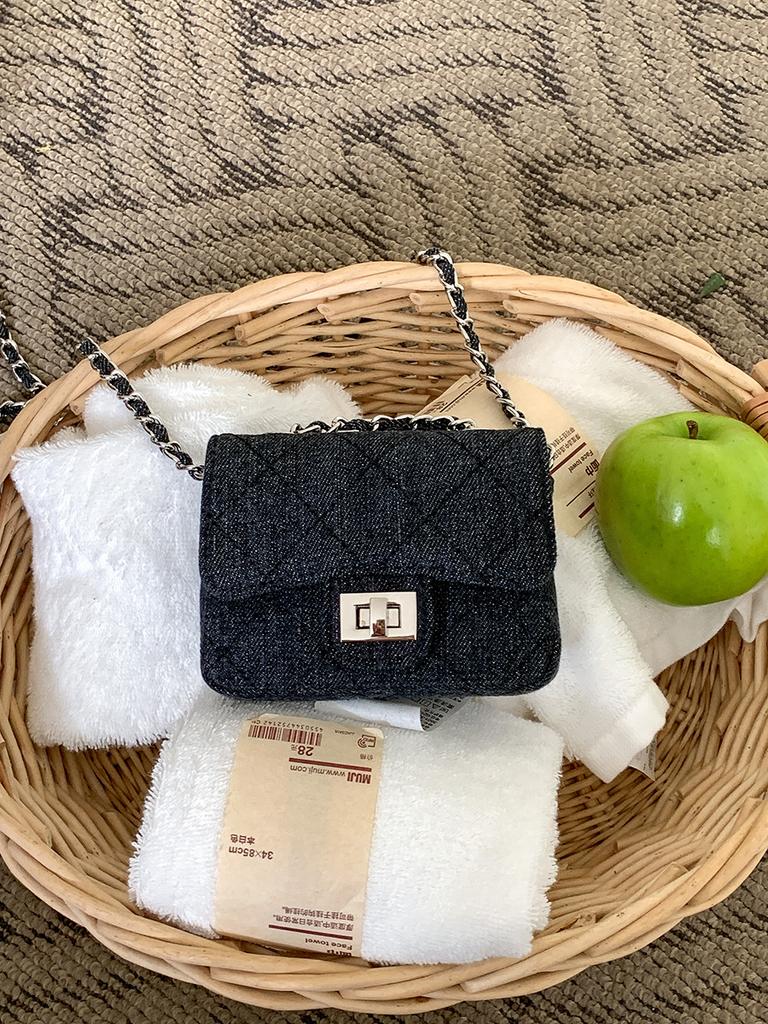 Mini Flip Lock Chain Rhombus Bag Women's Shoulder Crossbody Bag Premium Embroidery Thread Denim Bag Women