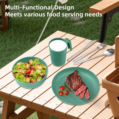 Camping Geschirrset für 1 Tragbares Weizenstroh Essgeschirr mit Schüssel Teller Tasse Gabel Messer Löffel Outdoor Geschirr & Picknickgeschirr