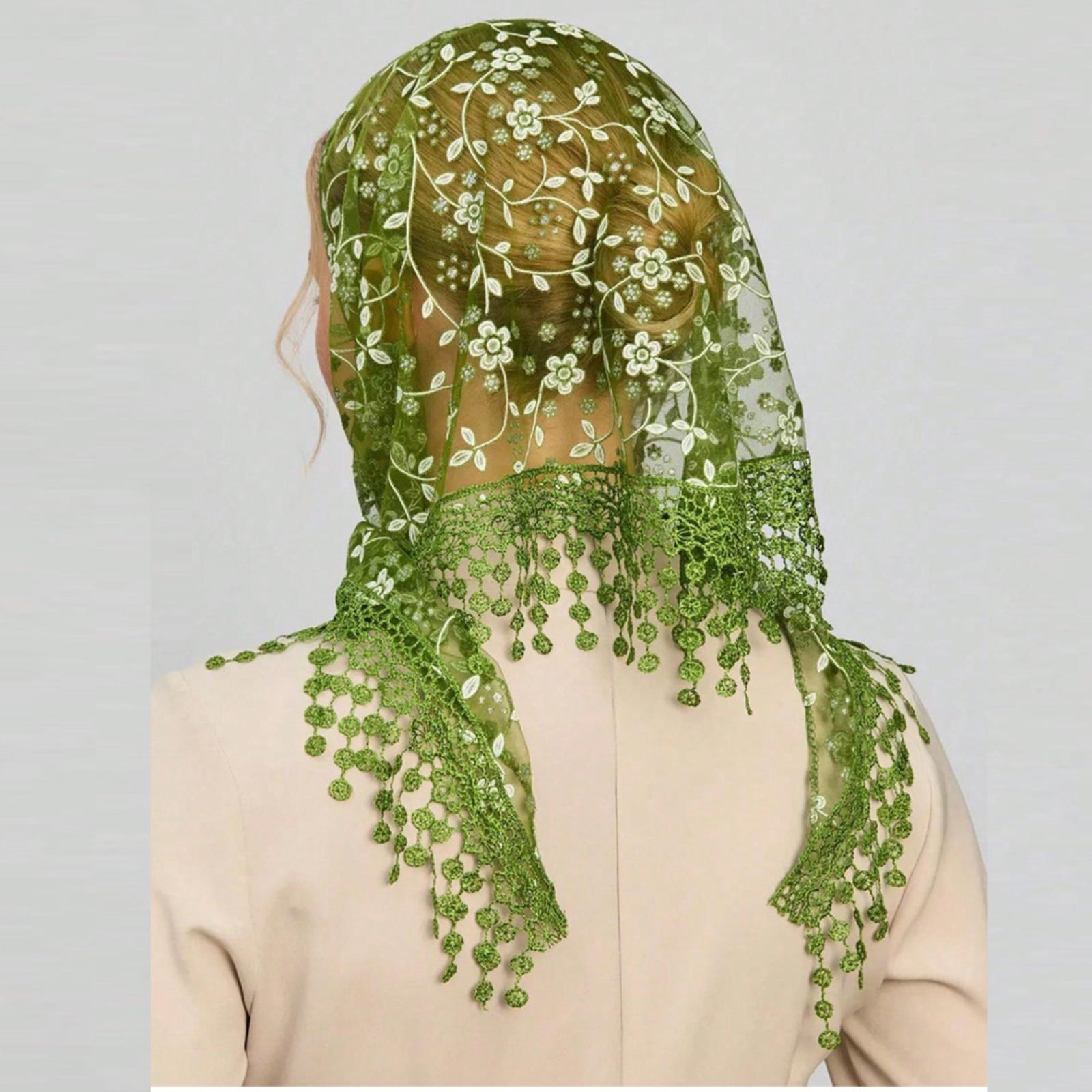 

Lace Floral Embroidered Triangle Scarf Breathable Hollow Out Lightweight Head Covering for Church Wedding Bridal Veil One Size