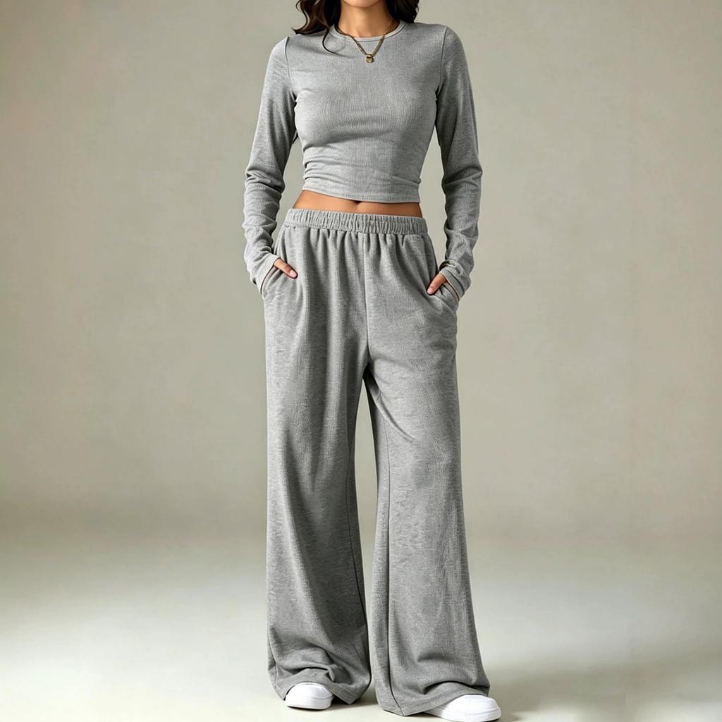 1116 European and American solid color casual knitted suit round neck tight short top drawstring loose mopping wide-leg pants