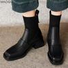 2026 Women's British Style Heeled Ankle Boots Brown Square Toe Stretch Sock Boots Chunky Mid Heel Retro Autumn Booties Size35-40
