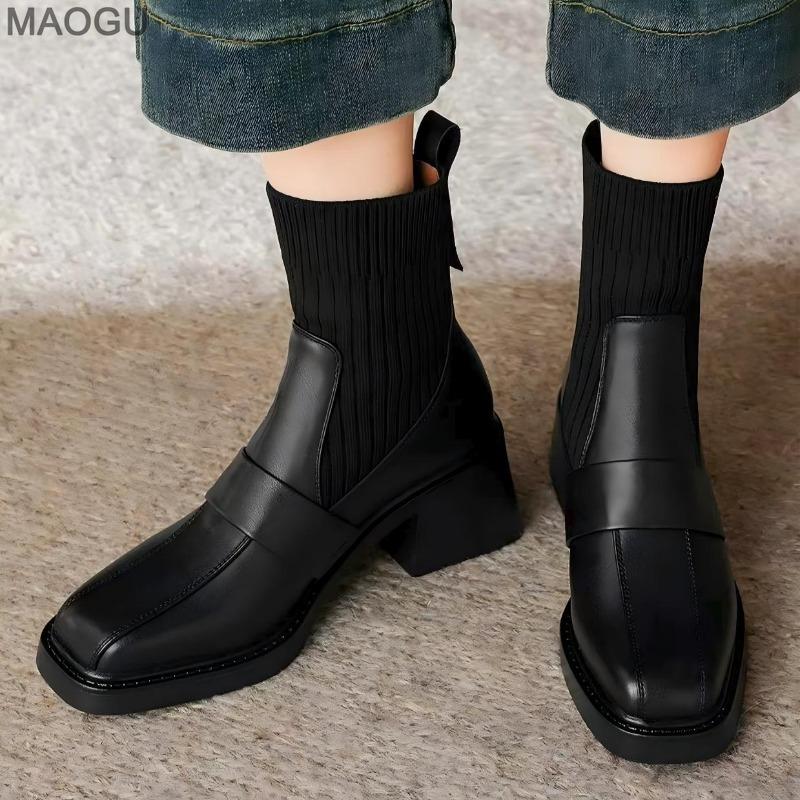 2026 Women's British Style Heeled Ankle Boots Brown Square Toe Stretch Sock Boots Chunky Mid Heel Retro Autumn Booties Size35-40