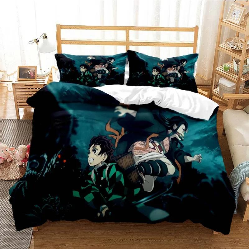 Anime Demon Slayer Nezuko Tanjirou Bedding Set Boys Girls Twin Queen Size Duvet Cover Pillowcase Bed Boys Adult