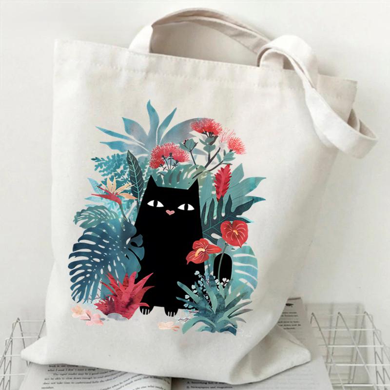 Funny Anime Cat Graphics Women Canvas Shoulder Bag Cartoon Animal and Plant Shopping Bag Kitten Lover Female Reusable Handbags