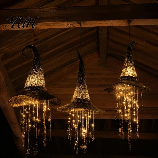 Glowing Star String Lights Light Up Witch Hat Hanging Lamp, Halloween Ornament with Twinkling Seasonal Home Party Supplies Stars Moon, Indoor Outdoor