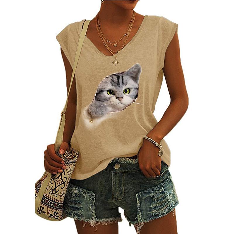 2023 Trendy Women's V-neck Print Cap Sleeve Loose T-shirt Top