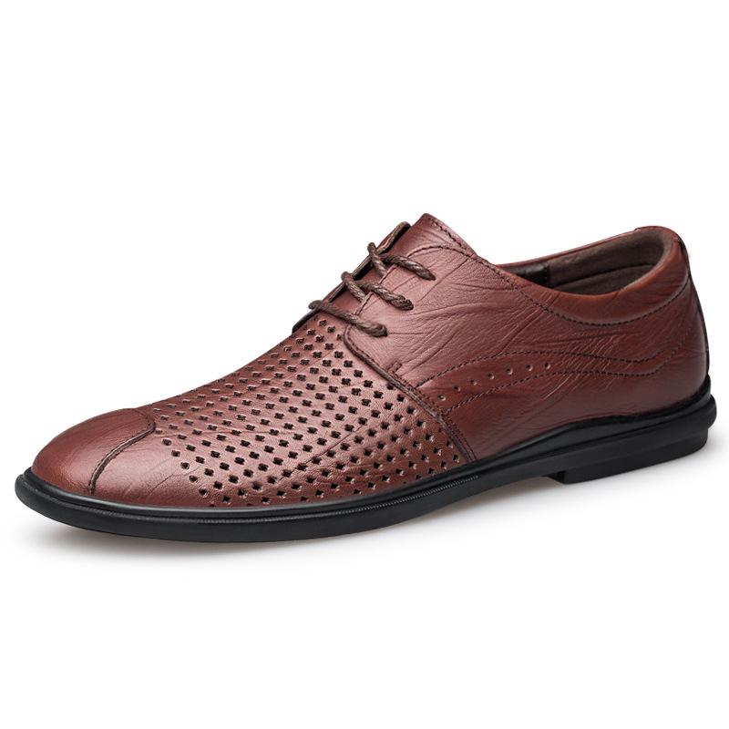 Men s Spring/Summer Genuine Leather Lace-up Loafers - Breathable Hollow Sandals, Large/Small Sizes Available 44