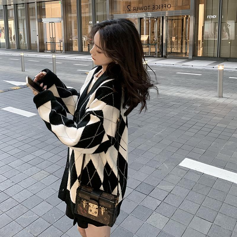 1116 Early Spring New Japanese Retro Lazy Loose Rhombus Medium and Long Thickened Sweater Wearing Cardigan Women's Coat