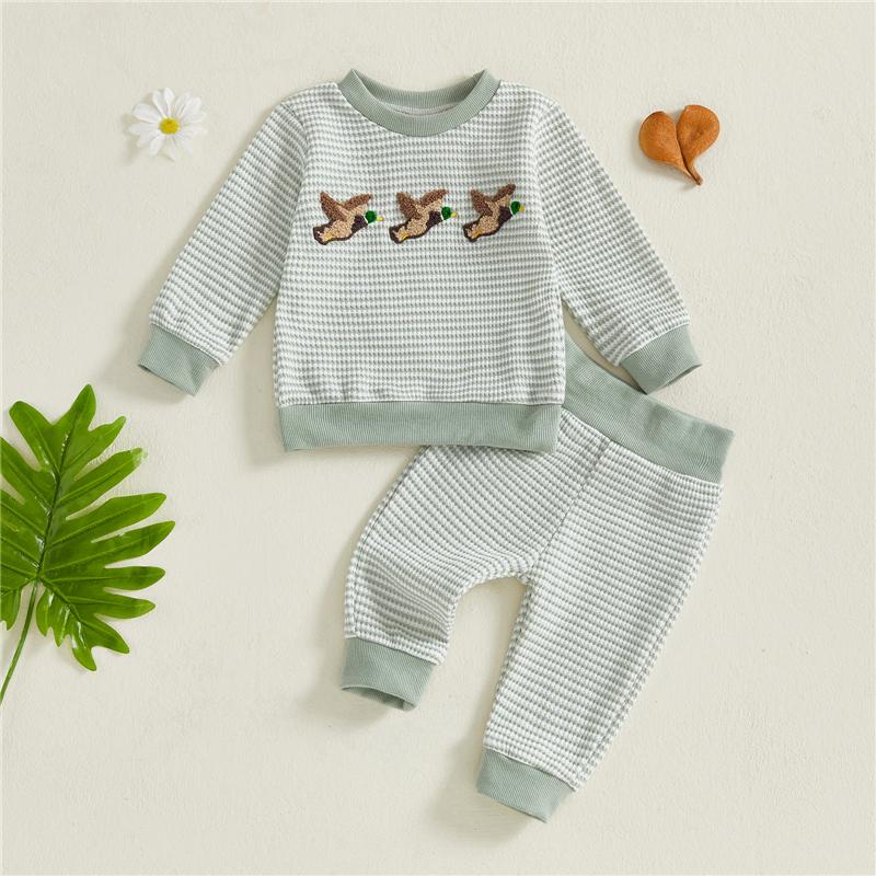 

Toddler Boy Autumn Clothes Duck Embroidery Long Sleeve Pullover Sweatshirt Elastic Waist Striped Pants 2Pcs Fall Outfit 3-6M