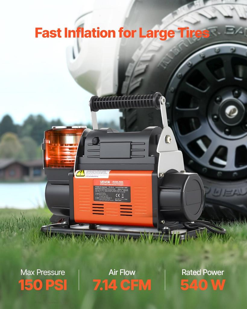 12V Heavy Duty Air Compressor, Auto-Stop Portable Tire Inflator with LCD Digital Display, 202 L/Min 150PSI Offroad Air Pump with Adapters for Trucks