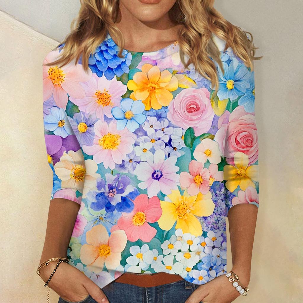 Women's Fashion Casual Round Neck 3/4 Sleeve Loose  Printed T-Shirt Ladies Top