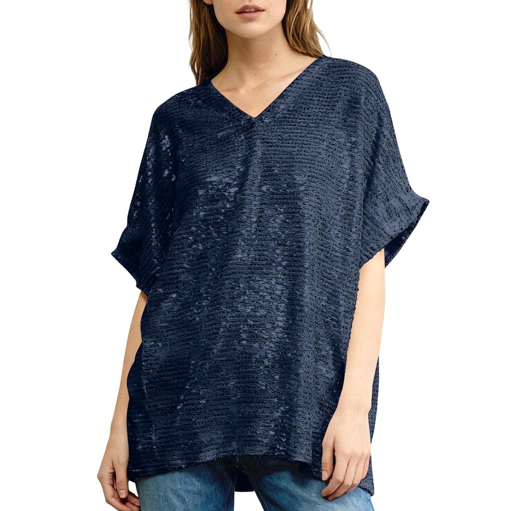 Women Sequin Short Sleeve V Neck Loose Fit Party Top Shiny Lightweight Tunic Shirt for Events Nightclub Festival