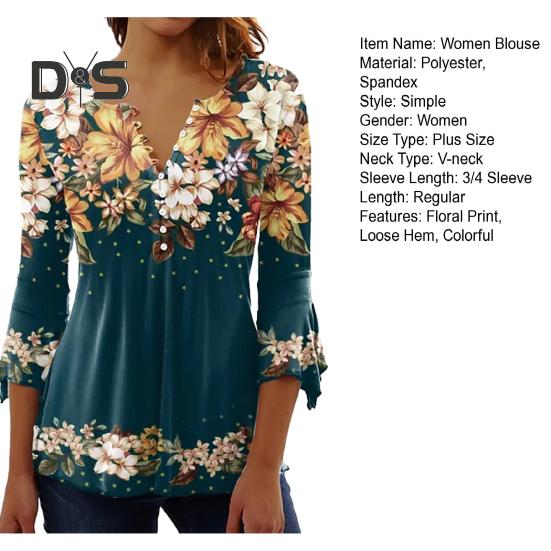 Women Spring Autumn V Neck Buttons Half Placket Blouse 3/4 Sleeves Loose Hem 3D Flower Print Pullover T Shirt Top Streetwear