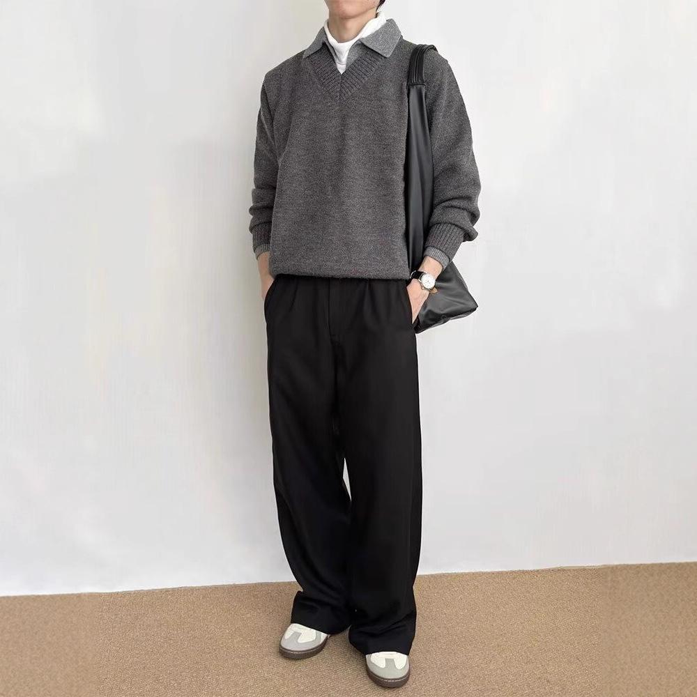 Old Money Wind Fake Two V-neck Sweater Men's Autumn High-end American Retro Knitted Polo Bottoming Shirt
