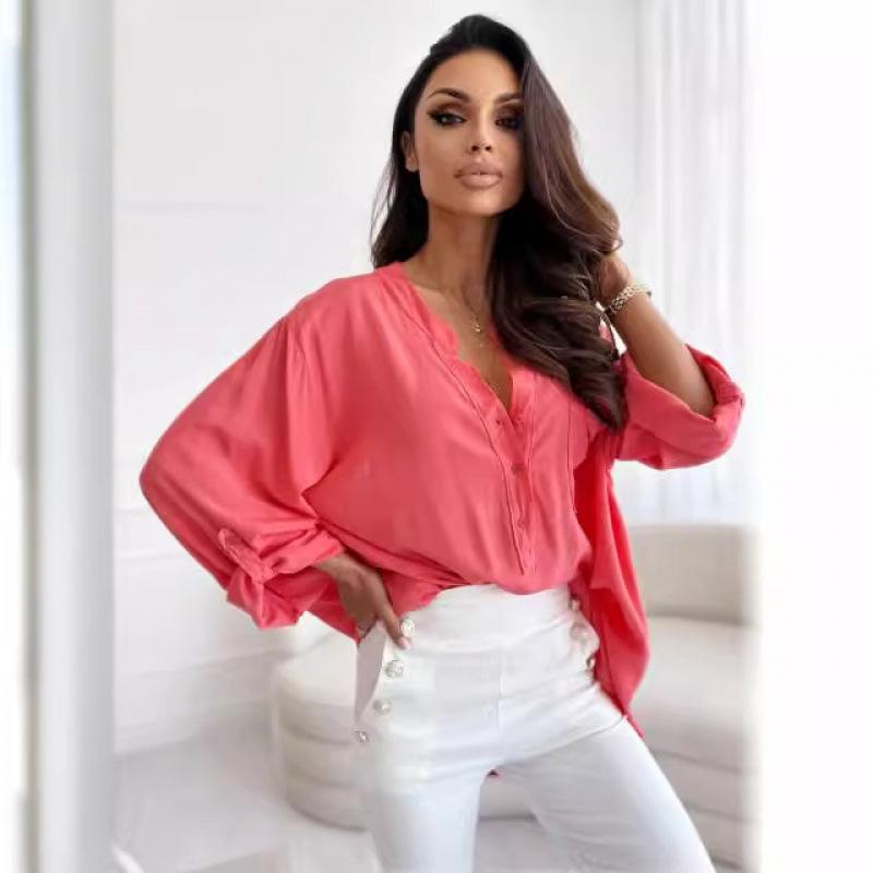 Women's Simple Loose Half-open Collar Single-breasted Long-sleeve Solid Color Shirt