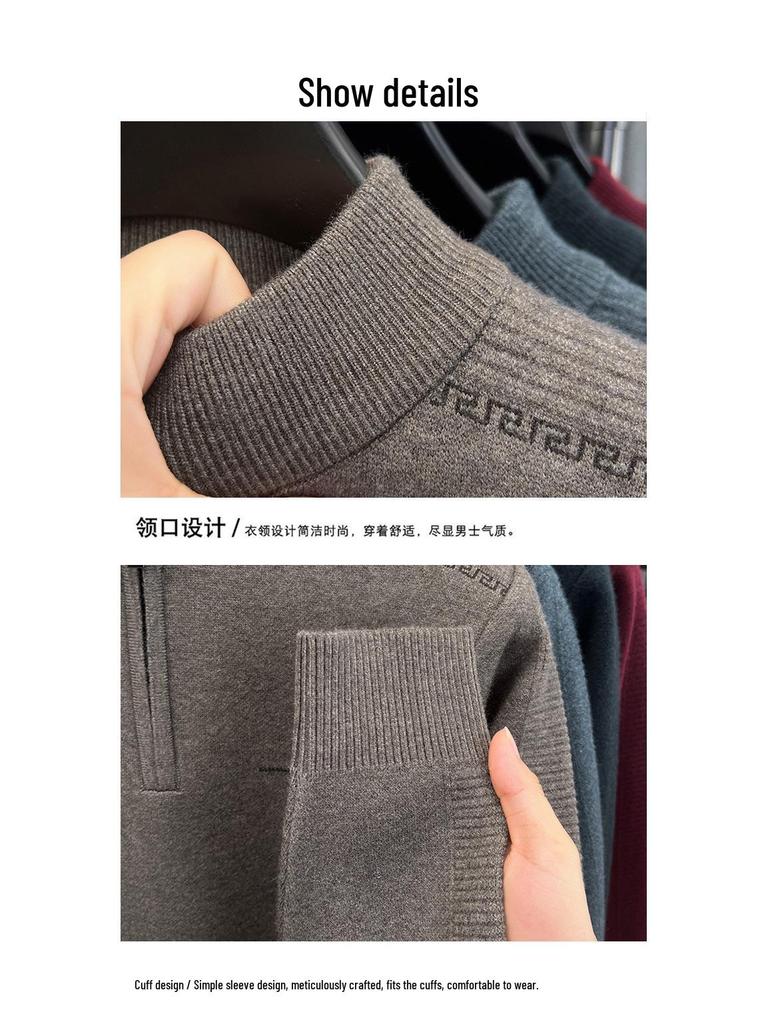 Men's Autumn/Winter Embroidered Knit Sweater: Zipper Stand Collar, Middle-aged Style, Fashionable & Thick, Versatile Warmth
