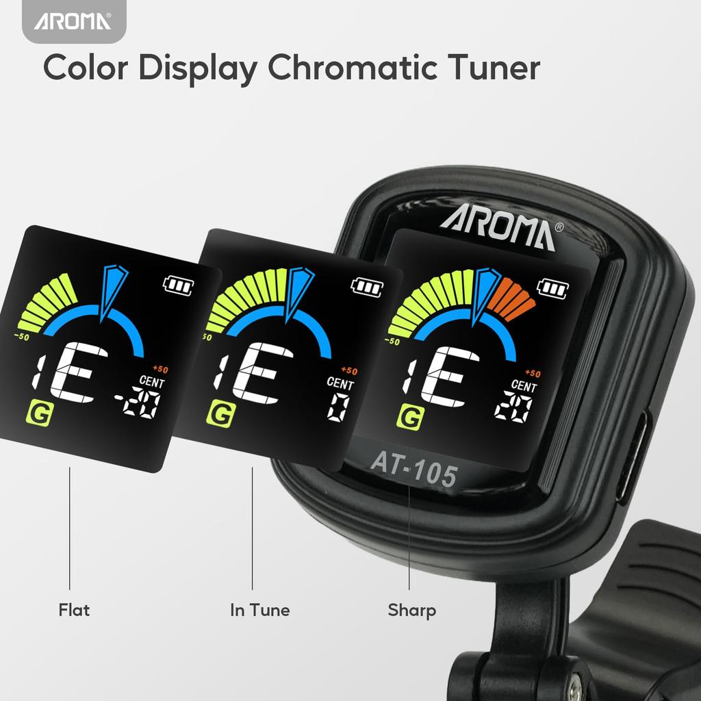 Aroma Clip Fast High Chromatic Color Compatible with and with Silicone Clamp Tuner, Rechargeable, Tuning, Accuracy, Mode, 360° Rotation, LCD, Guitar,
