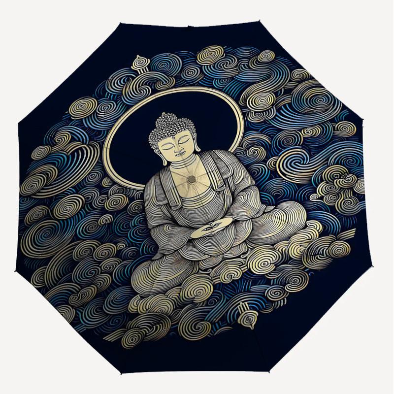 1pc Buddha Meditation Automatic Open/Close Umbrella Compact Folding Umbrella with 8-Rib Shaft for Women/Men, Elegant Birthday1246S