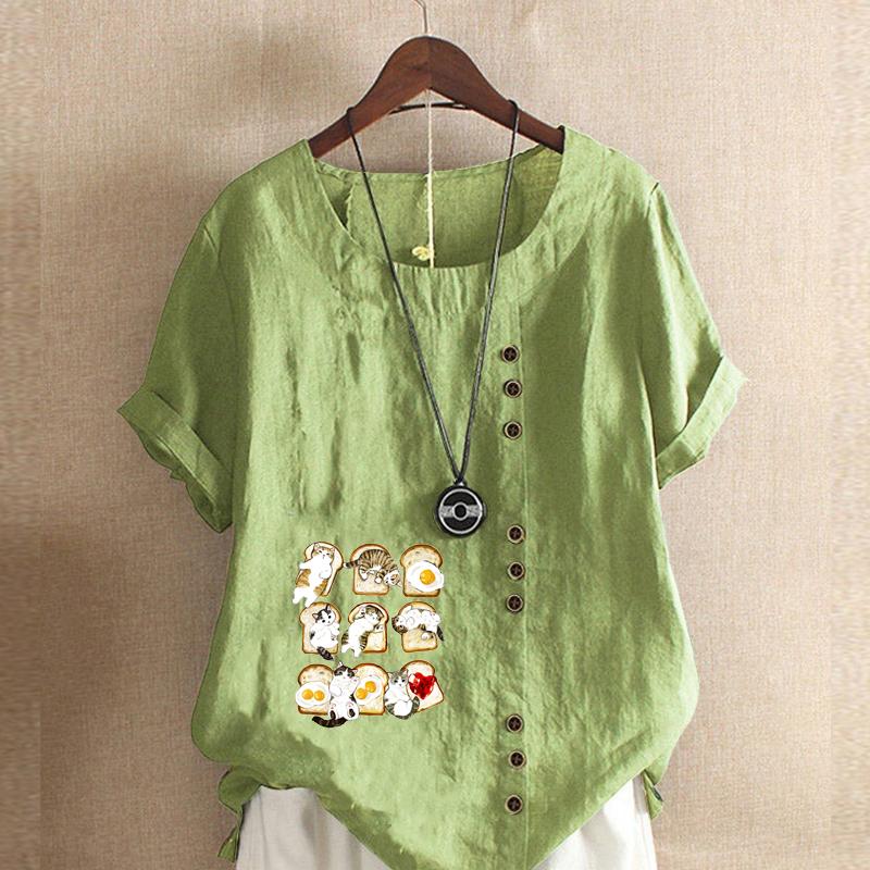 

Женская модная футболка с круглым вырезом и коротким рукавом, повседневная хлопковая льняная рубашка с рисунком, свободная летняя блузка с милым мультяшным котом для отдыха, топы 5XL зелёный