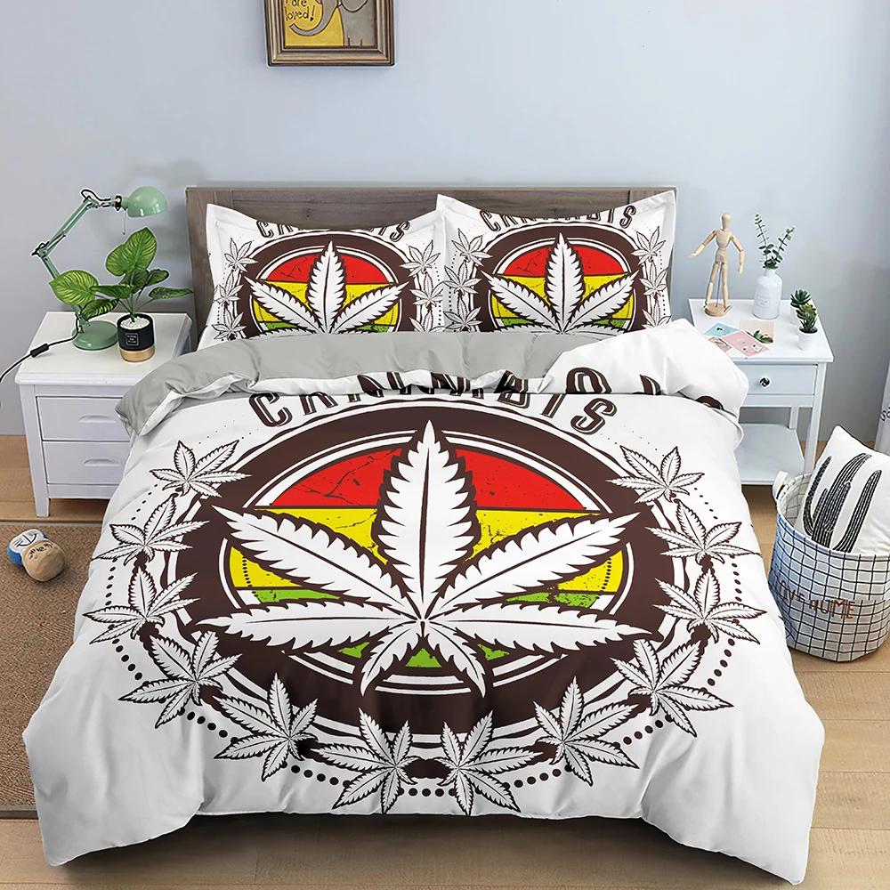 Maple Leaves King Queen Bedding Set Psychedelic Weed Leaf Duvet Cover Colorful Stripes 2/3Pcs Polyester Quilt Cover