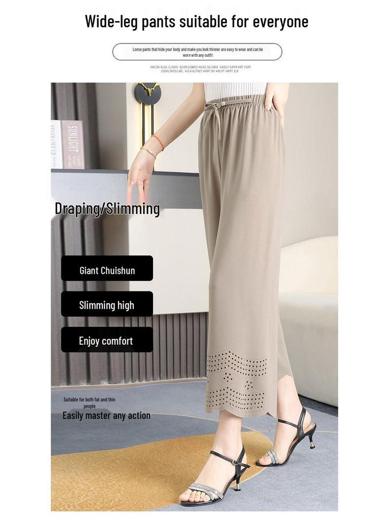 Summer Chiffon Wide-Leg Pants for Middle-Aged Women - Plus Size, Lightweight Nine-Point Style