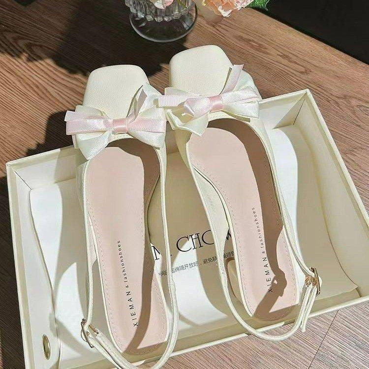 Baotou back empty sandals square head high heels women's thick heel gentle style bow middle heel single shoes with skirt